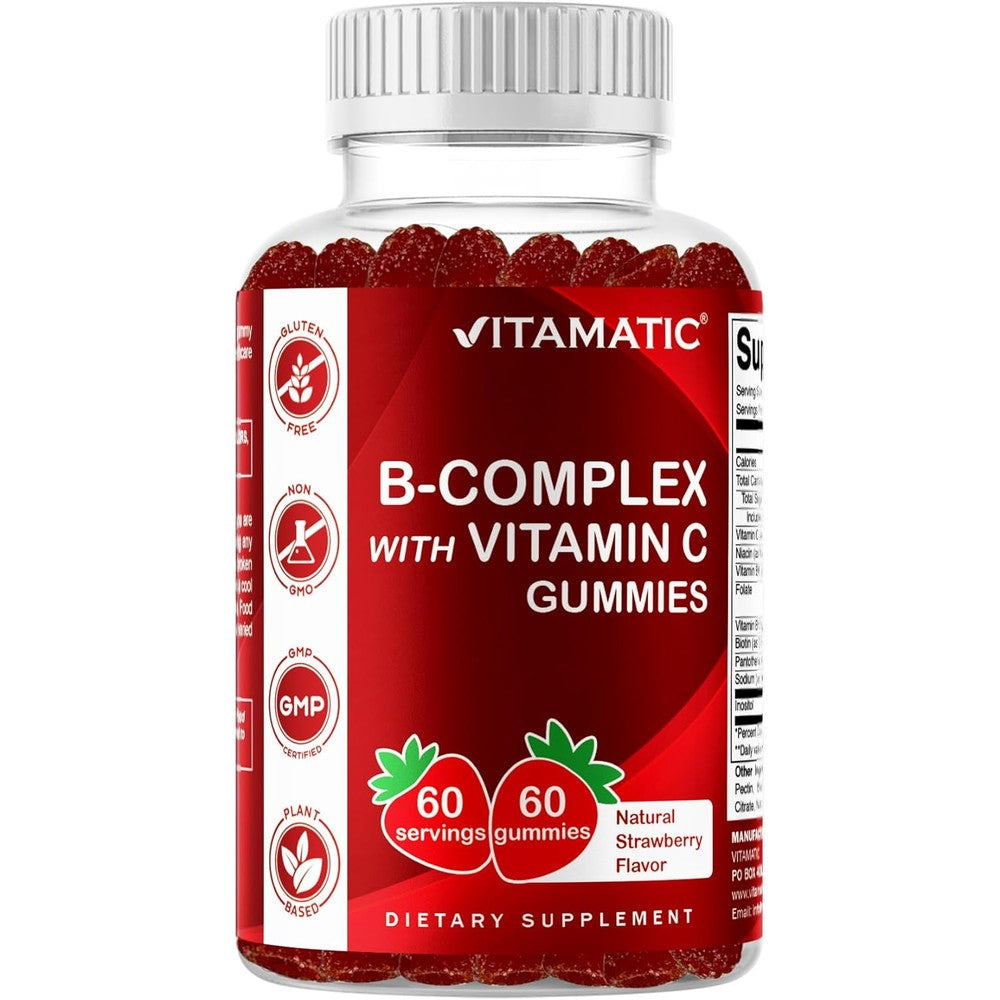 Vitamatic Vitamin B Complex Gummies front view bottle showing natural strawberry flavor details.