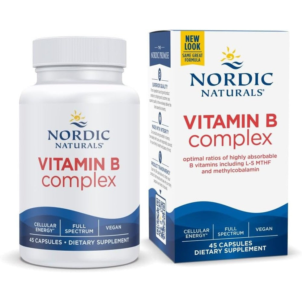 Nordic Naturals Vitamin B Complex 45 capsules front bottle layout for premium daily energy support.