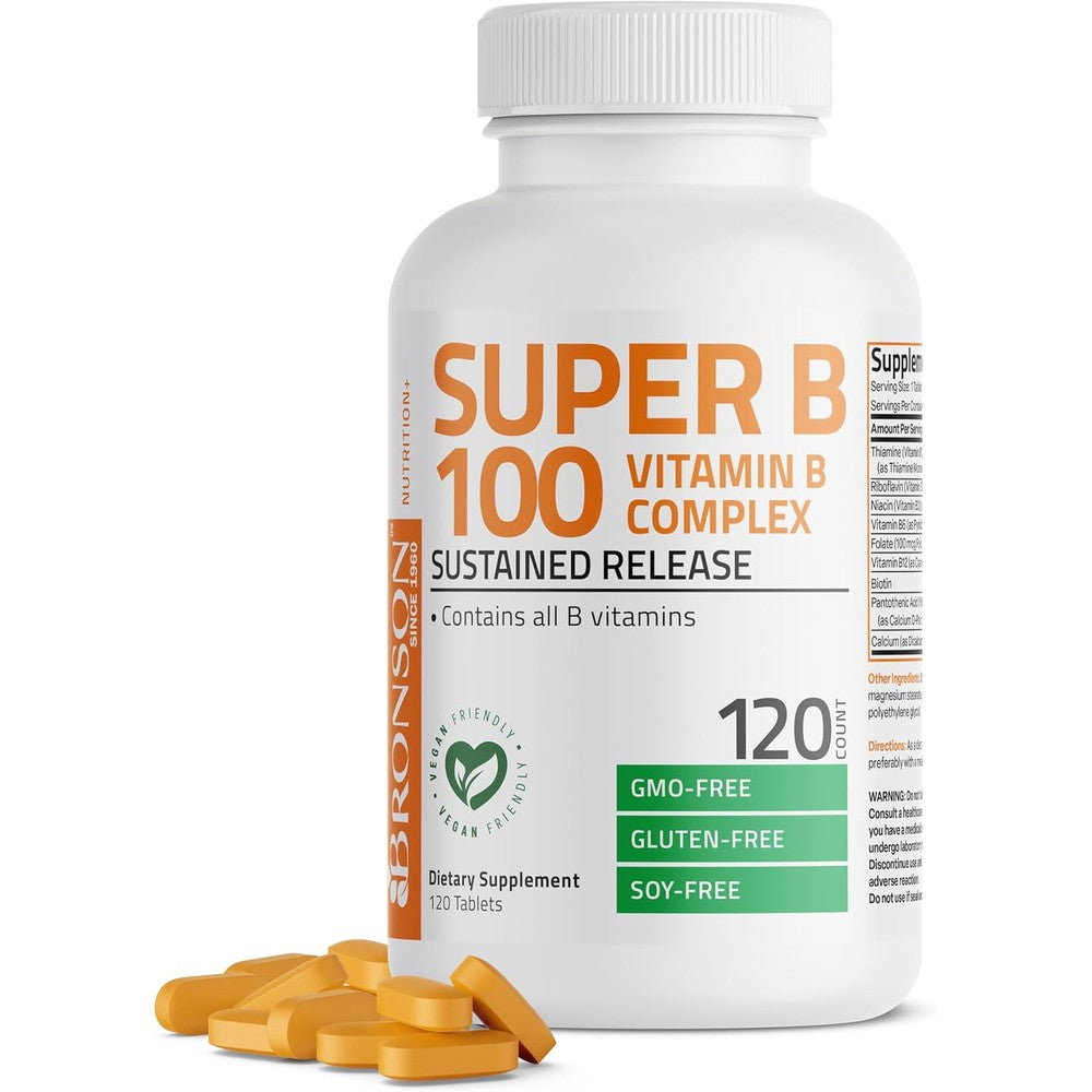 Bronson Super B100 Vitamin B Complex 120 Tablets front bottle view showing sustained release formula