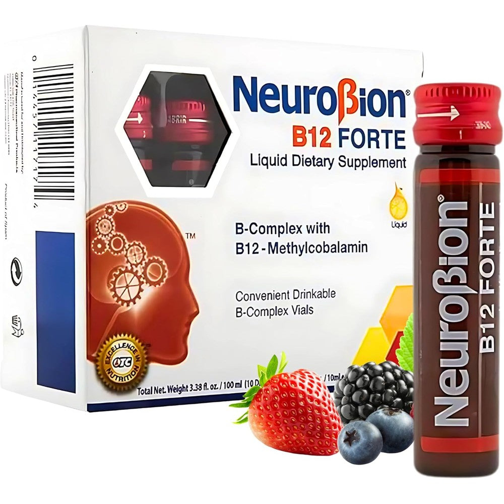 Neurobion B12 Forte liquid supplement front view of packaging box showing 10 vials variant.