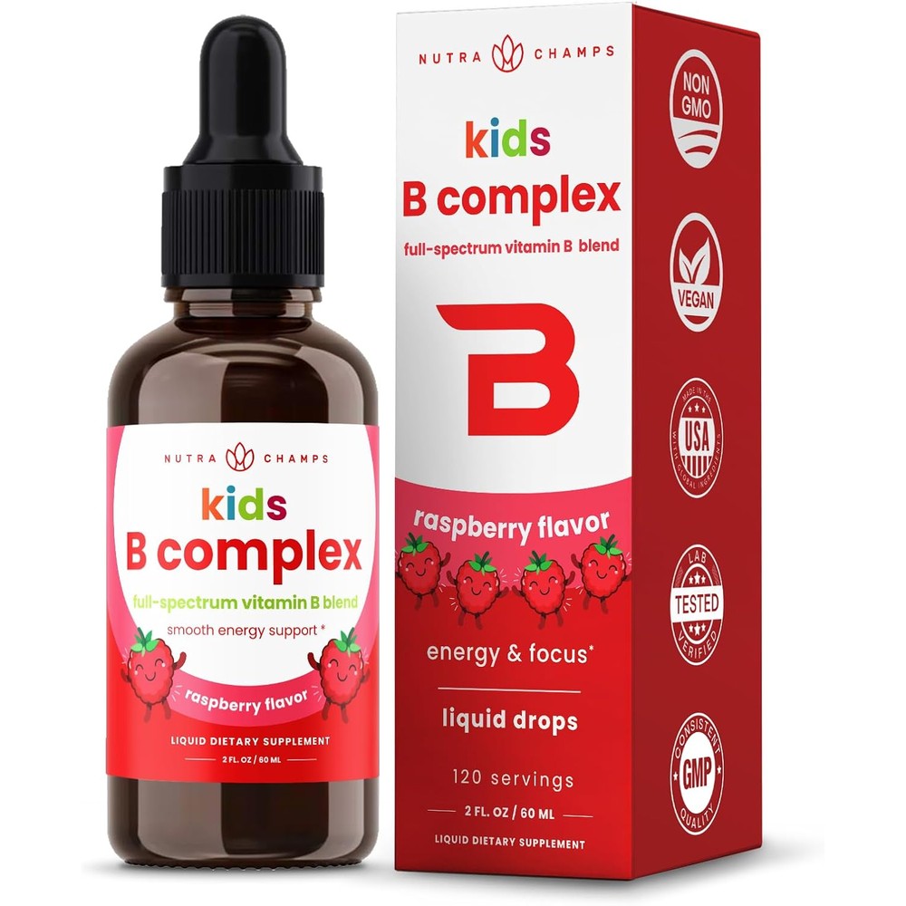 NutraChamps Vitamin B Complex Kids Liquid Drops front view bottle showing premium dietary supplement for children.
