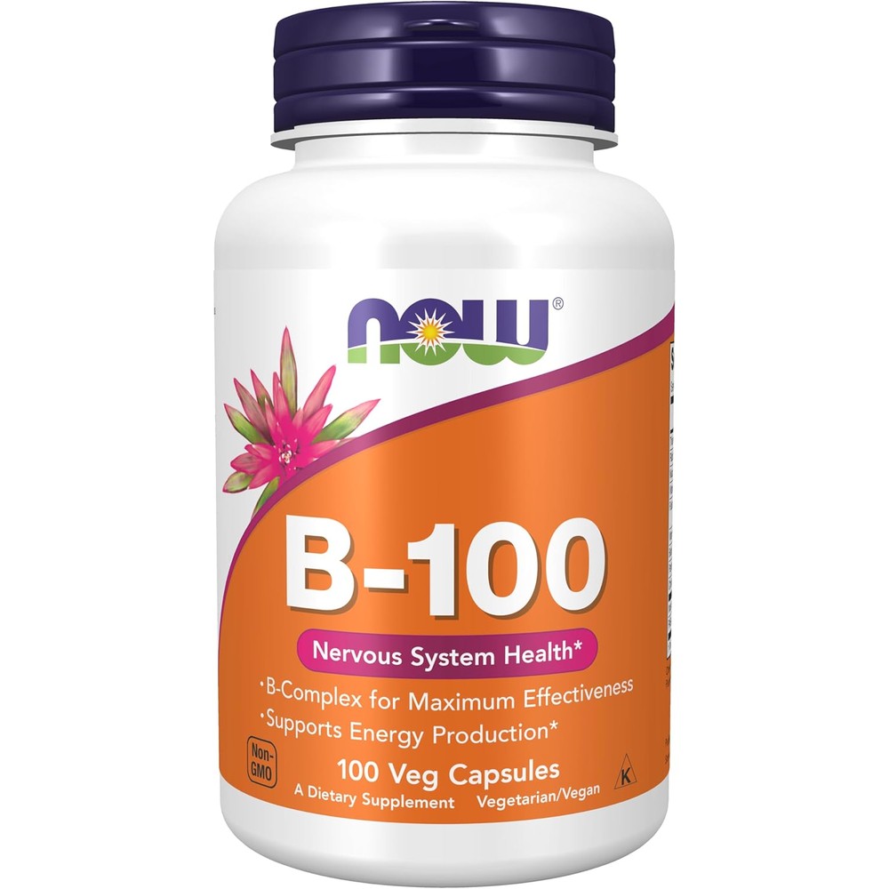 NOW Foods Vitamin B 100 vegetarian capsules bottle front view showing energy and nervous system health benefits