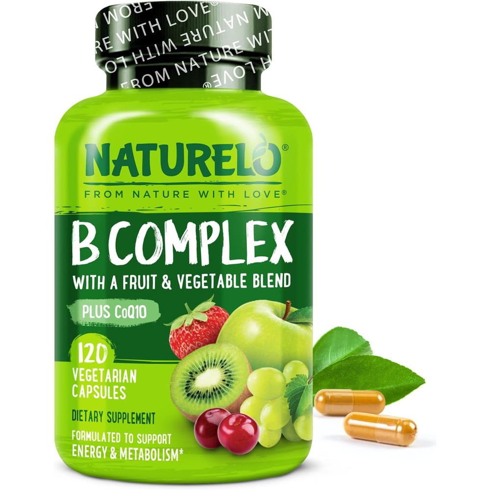 NATURELO Vitamin B Complex 120 Capsules front view premium vegan supplement