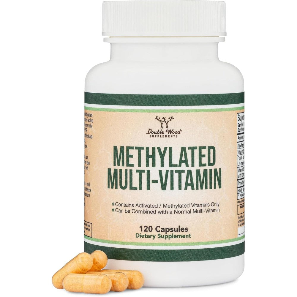 Double Wood Supplements Methylated Multivitamin front view of 120 capsules bottle for MTHFR support