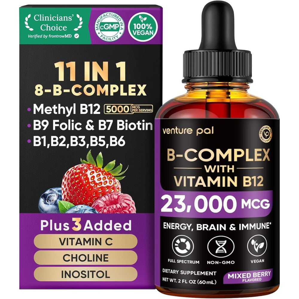 Venture Pal Vitamin B Complex Liquid Drops front view bottle showing berry flavor and 5000 mcg potency.