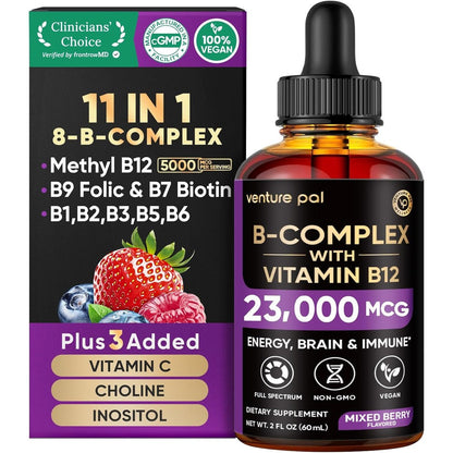 Venture Pal Vitamin B Complex Liquid Drops front view bottle showing berry flavor and 5000 mcg potency.