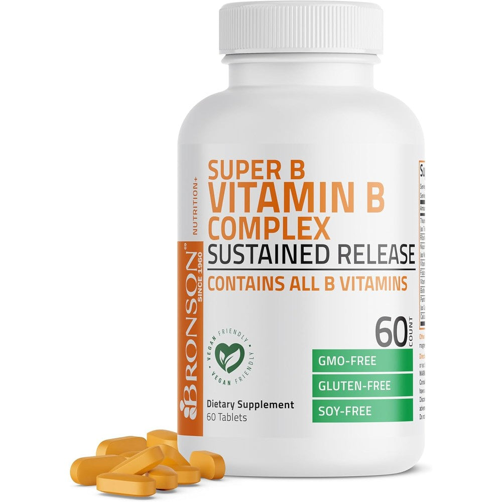 Bronson Super B Vitamin B Complex 60 Tablets front view showing packaging details for daily energy support.