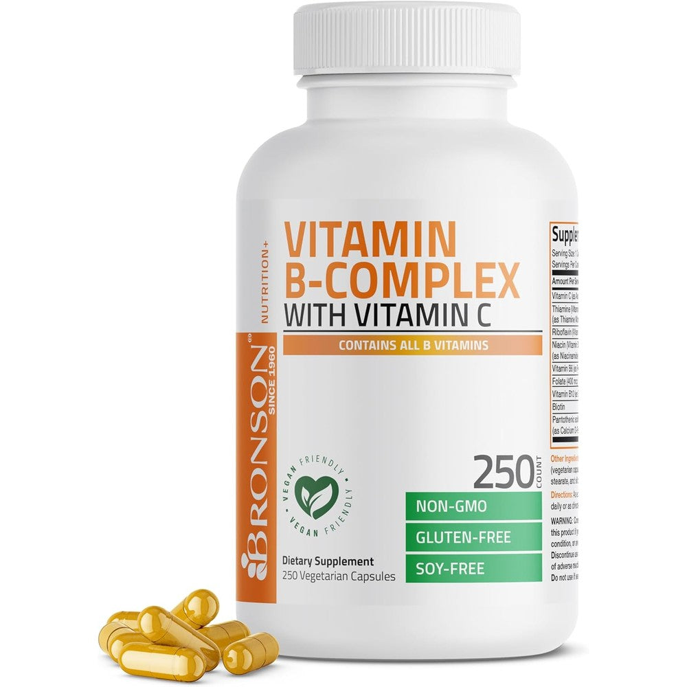 Bronson Vitamin B Complex with Vitamin C 250 capsules front view showing authentic imported packaging