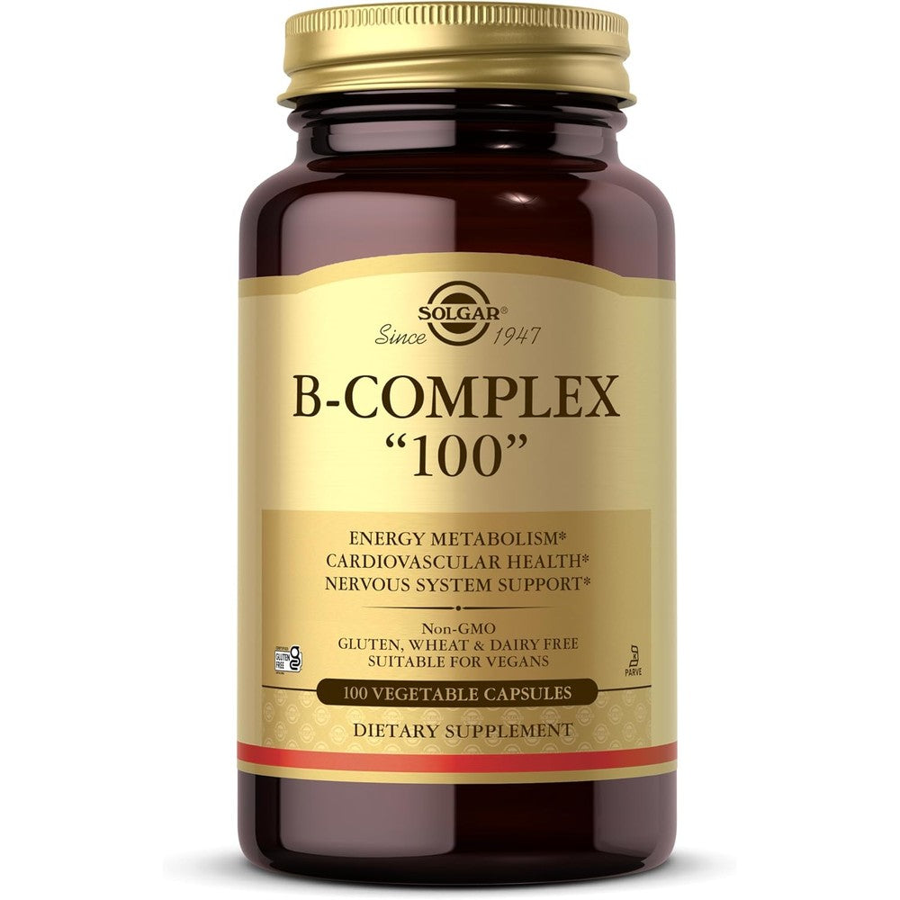 Solgar B Complex 100 Vegetable Capsules front bottle view for nervous system support.