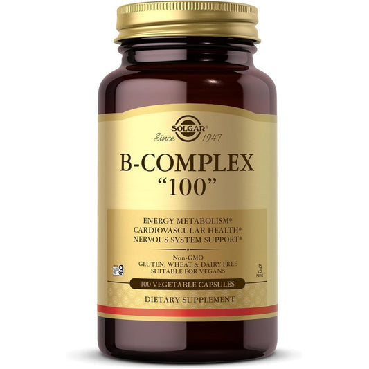 Solgar B Complex 100 Vegetable Capsules front bottle view for nervous system support.
