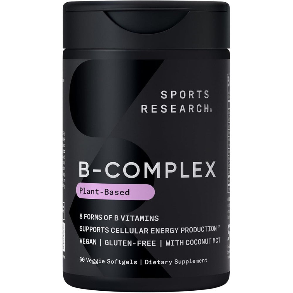 Sports Research Vitamin B Complex 60 veggie softgels front bottle view for cellular energy support.