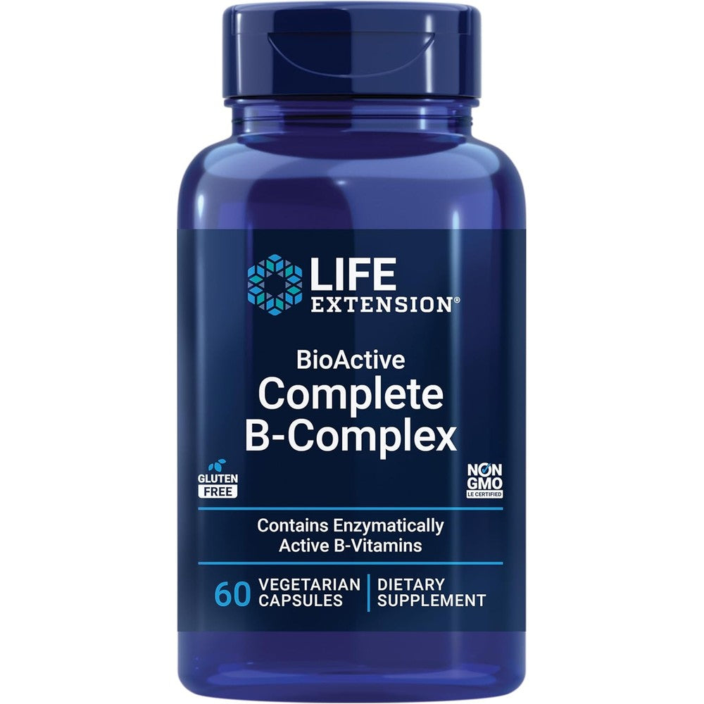 Life Extension BioActive Complete B Complex 60 vegetarian capsules front bottle view for cellular energy support