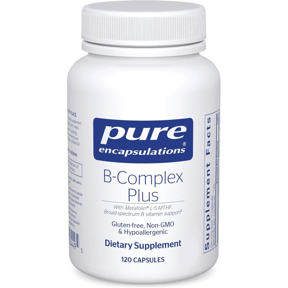 Pure Encapsulations B Complex Plus 120 capsules bottle front view showing the active ingredients label