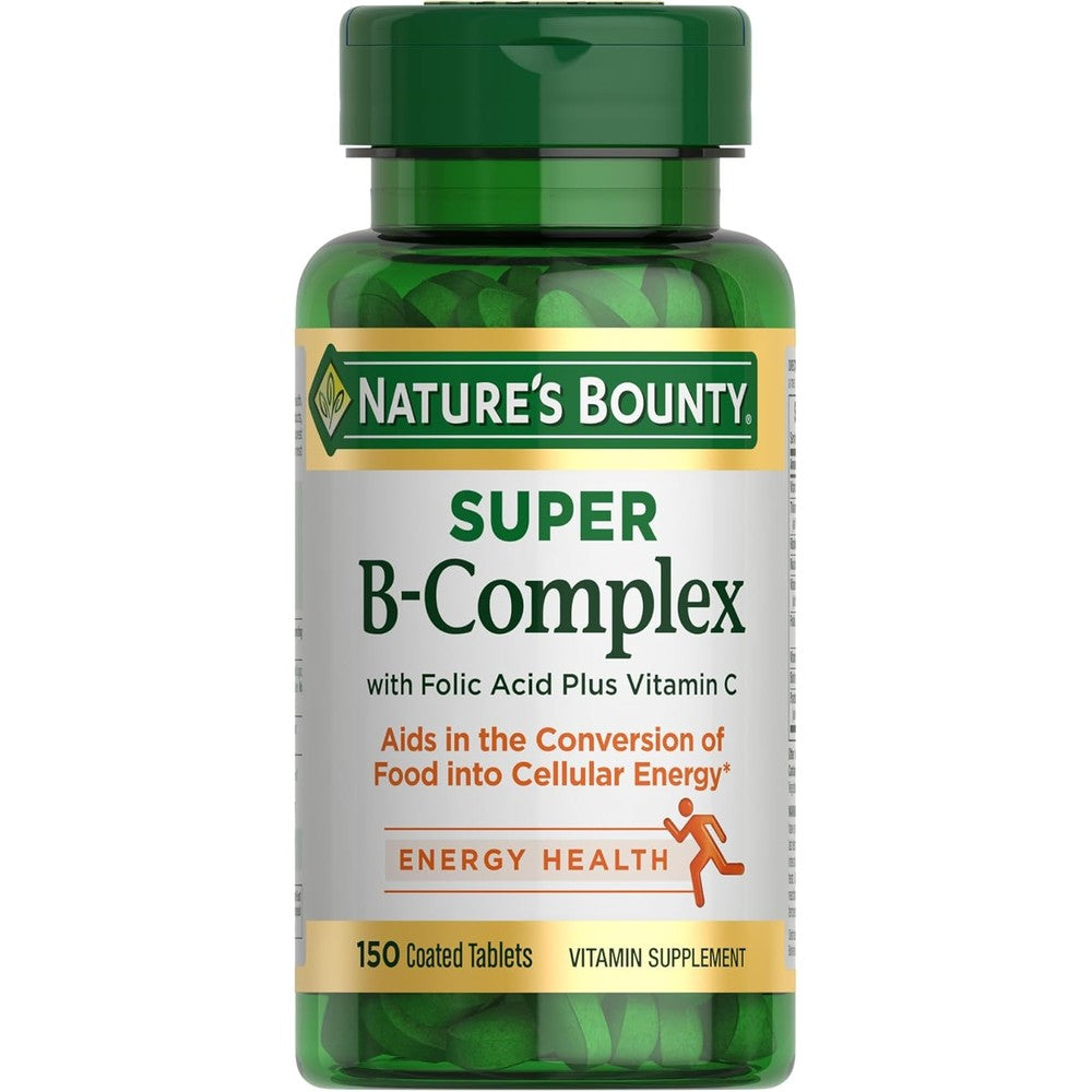 Nature's Bounty Super B Complex 150 tablets front bottle view showing energy and immune support benefits