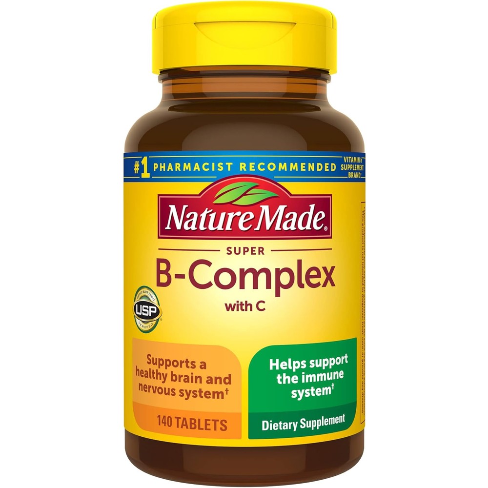 Nature Made Super B Complex 140 tablets bottle front view showcasing daily energy metabolism support.