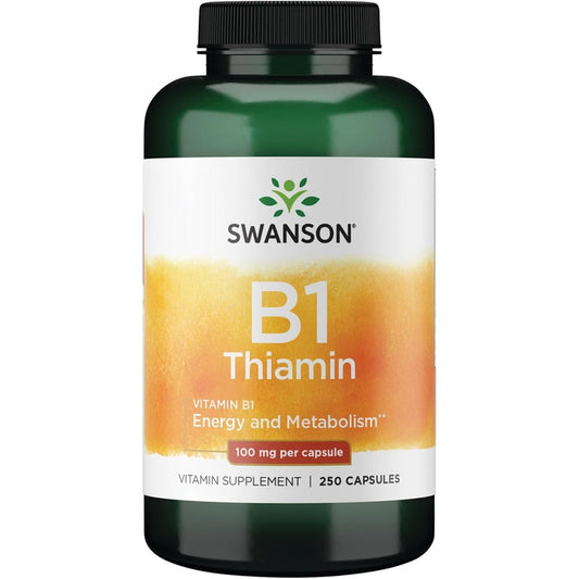 Swanson Vitamin B1 Thiamin 100mg front view of bottle for energy metabolism support