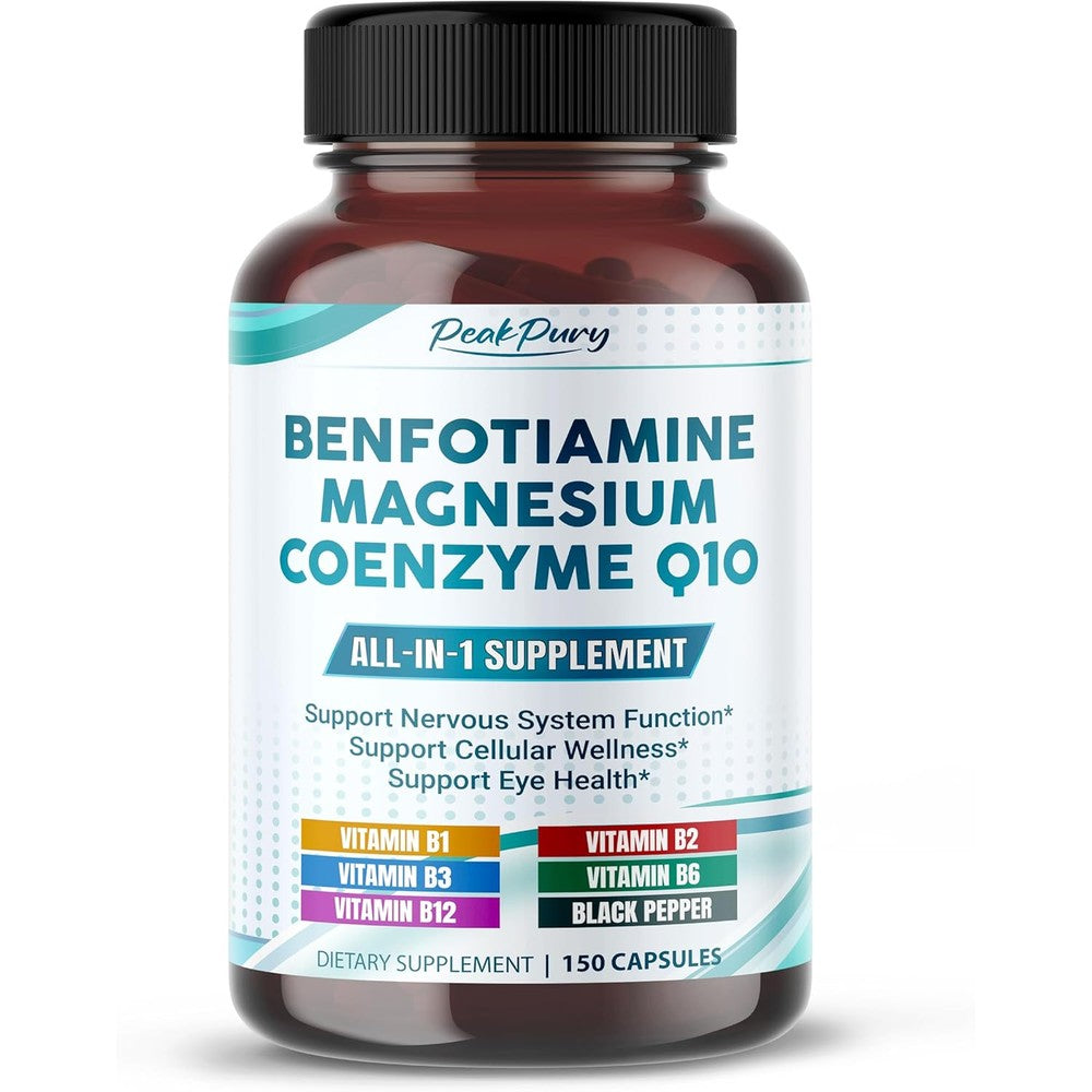 Peakpury benfotiamine with magnesium and coq10 front view supplement bottle