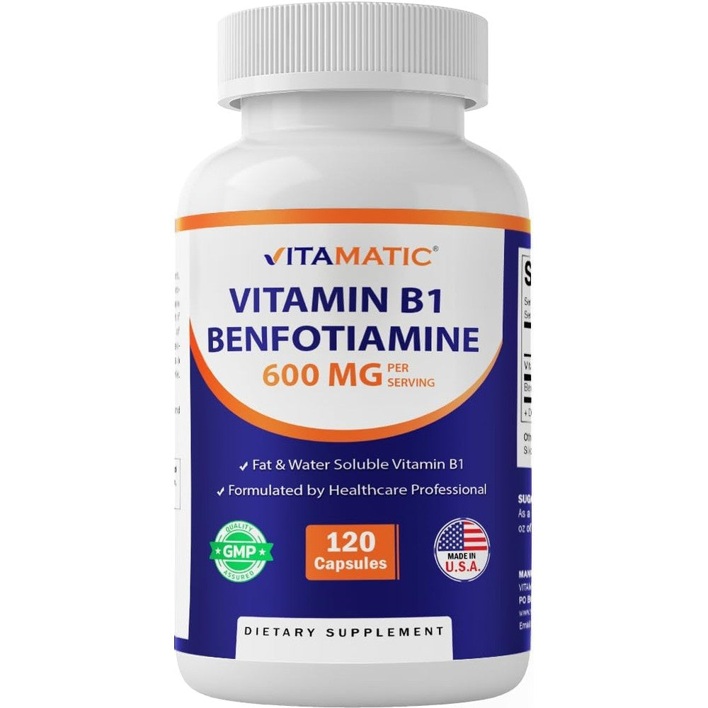 Vitamatic Benfotiamine 300 Milligrams and Vitamin B1 120 Vegetable Capsules front bottle view