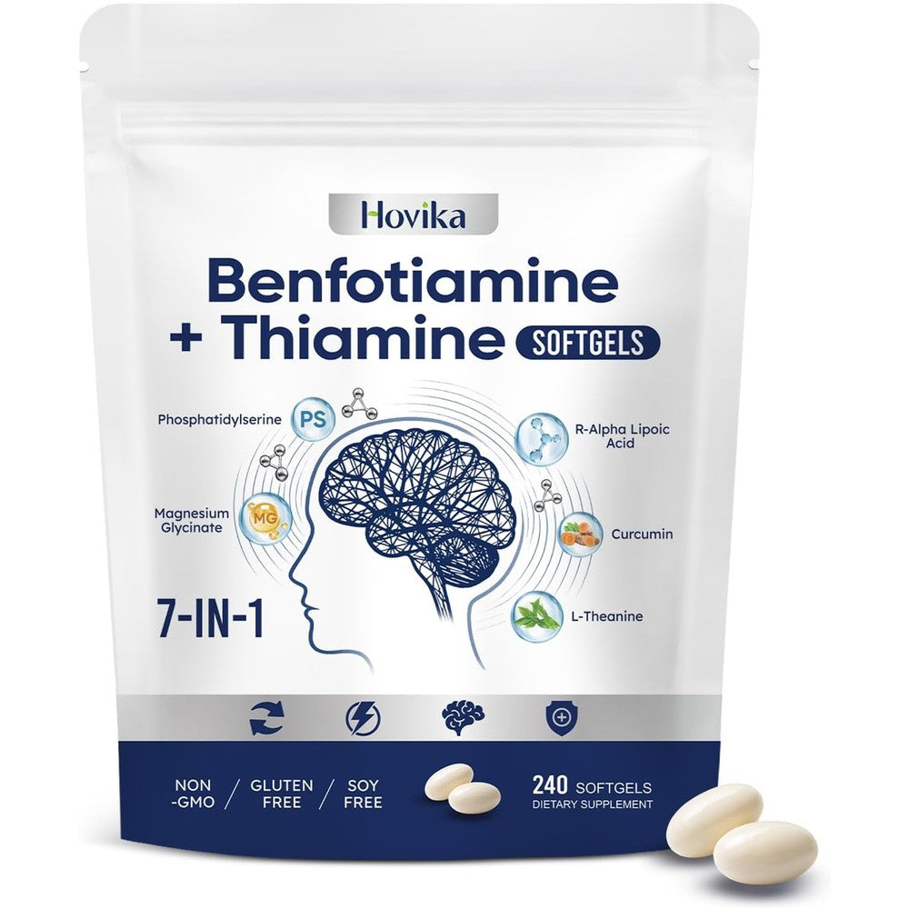 Hovika Vitamin B1 Benfotiamine front view showcasing the 240 softgels bottle packaging and key ingredients.