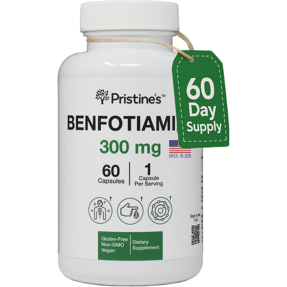 Pristine's Benfotiamine 300mg bottle front view with green dietary label