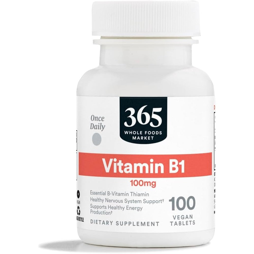 365 by Whole Foods Market Vitamin B1 supplement bottle front view. Commercial health product.