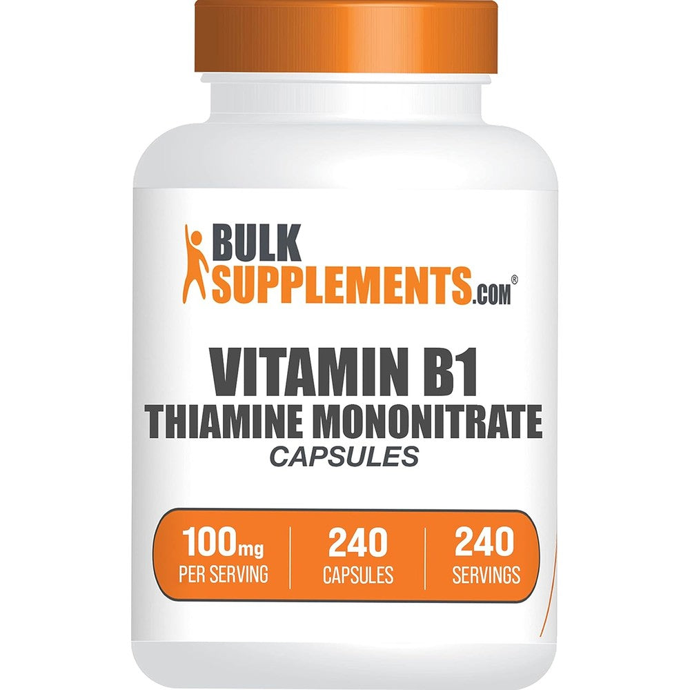 BulkSupplements Thiamine Mononitrate 100mg bottle front view showing Vitamin B1 capsule count.
