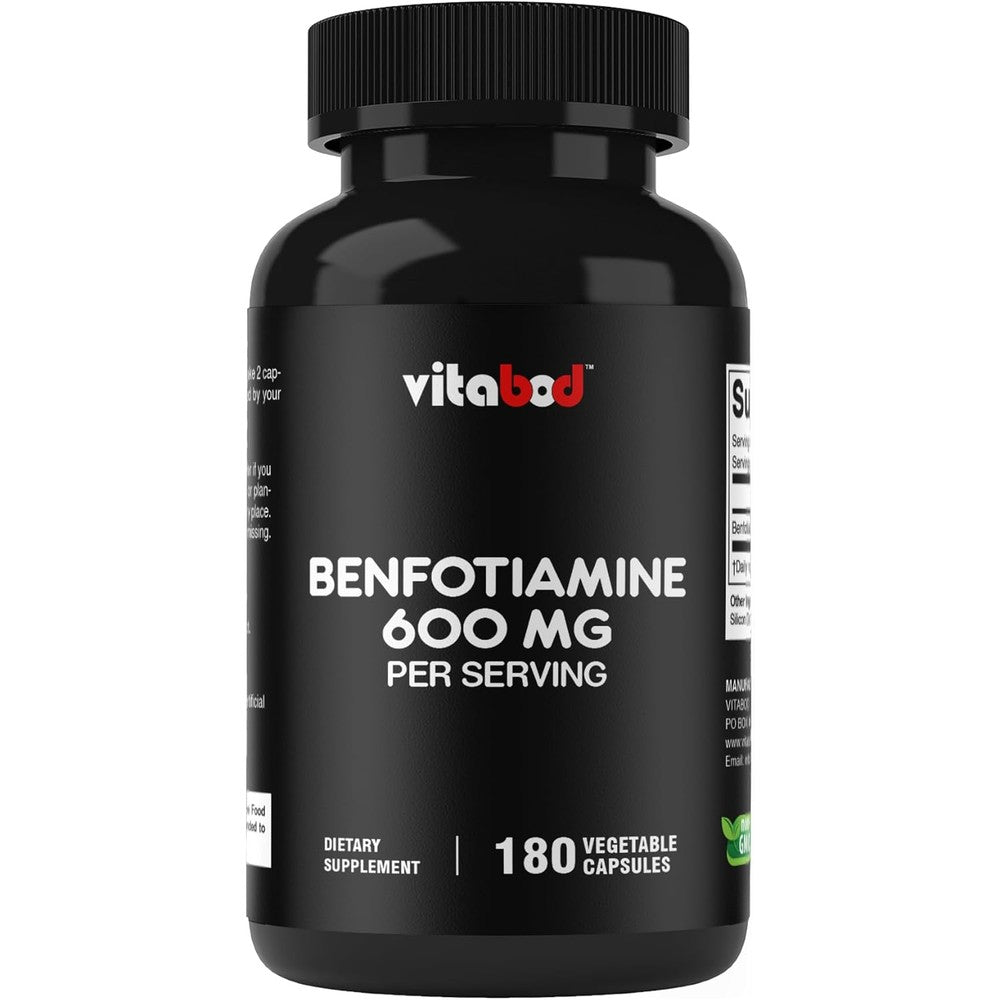 Vitabod Benfotiamine 600mg 180 vegetarian capsules bottle front view showing fat soluble vitamin B1 benefits