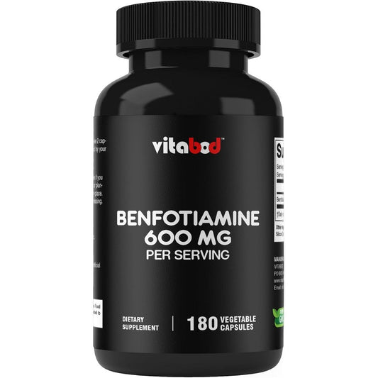 Vitabod Benfotiamine 600mg 180 vegetarian capsules bottle front view showing fat soluble vitamin B1 benefits
