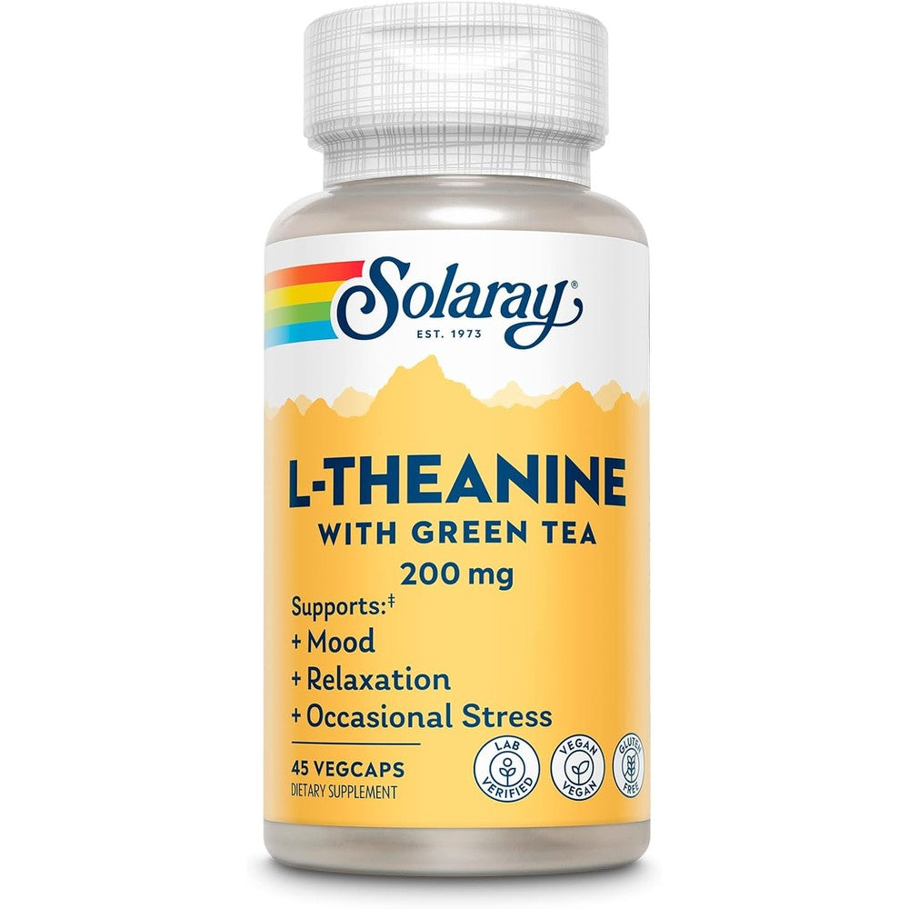 Solaray L Theanine 200 mg bottle front view showing relaxation support benefits
