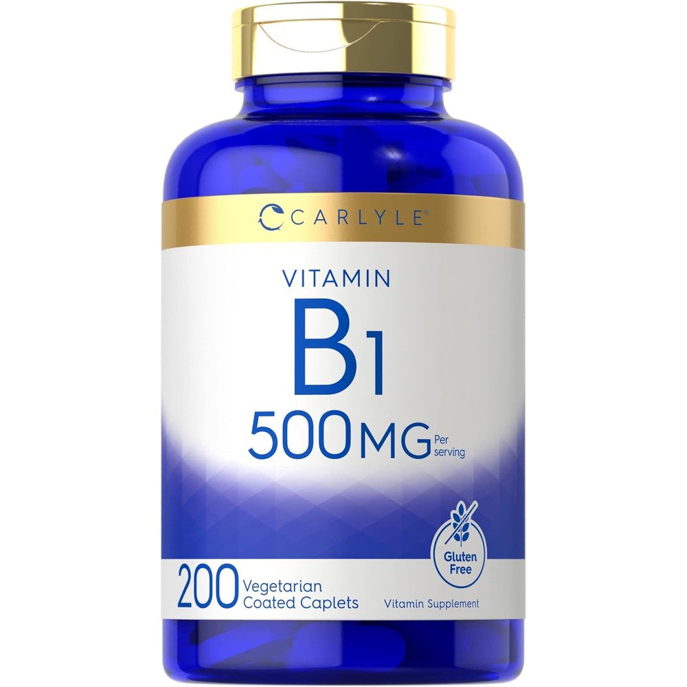 Carlyle Vitamin B1 500mg Thiamine 200 vegetarian caplets front bottle view showing gold cap