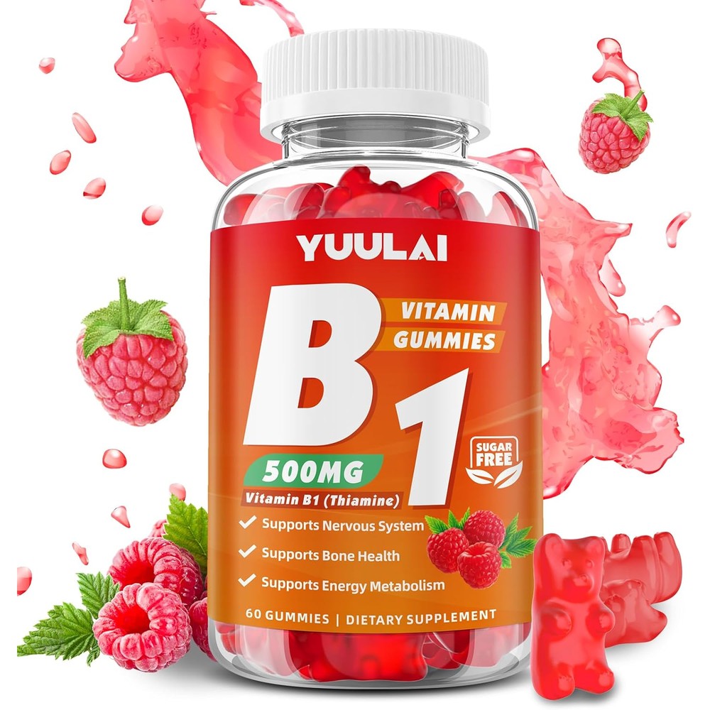 Yuulai Vitamin B1 Gummies 500 Milligrams front view bottle of imported thiamine supplement for energy.