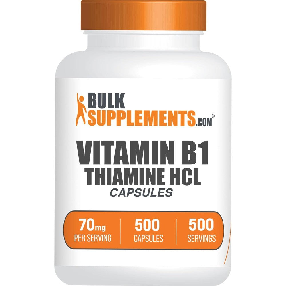 BulkSupplements Thiamine HCl Capsules front view bottle for daily energy metabolism support.
