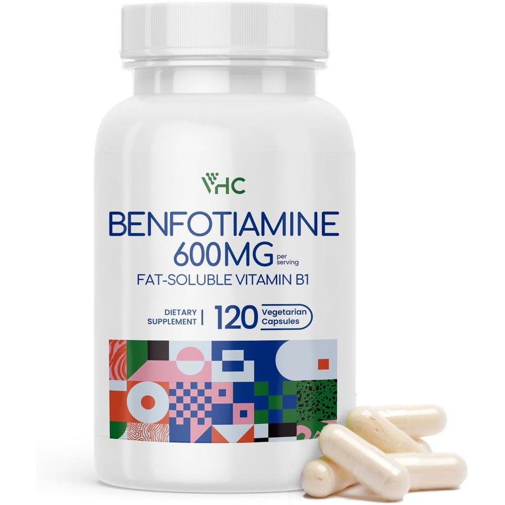 VHC Vitamin B1 Benfotiamine 600mg front view of bottle containing 120 vegetarian capsules for nerve support