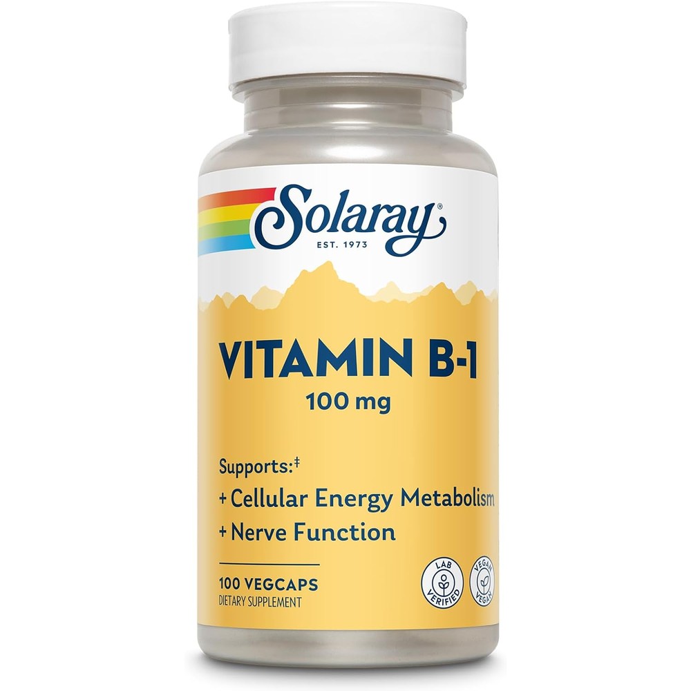 Solaray Vitamin B1 100 Milligrams front bottle view showing vegan capsules text
