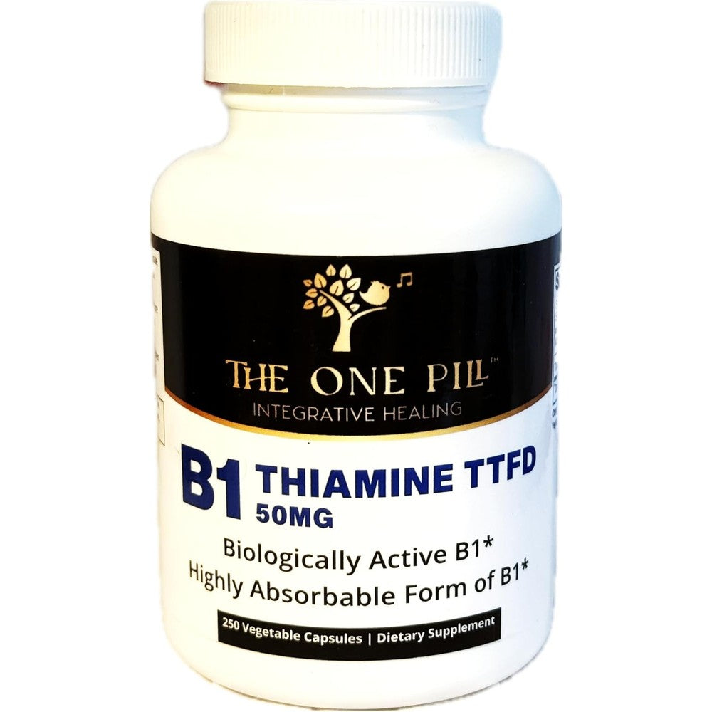 The One Pill Integrative Healing Thiamine TTFD 50mg front view showing authentic USA imported vitamin B1 supplement bottle