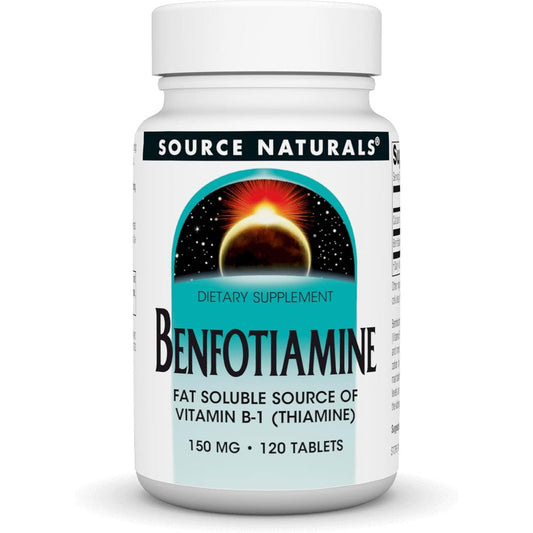 Source Naturals Benfotiamine 150 mg 30 Tablets front bottle view for glucose metabolism support.