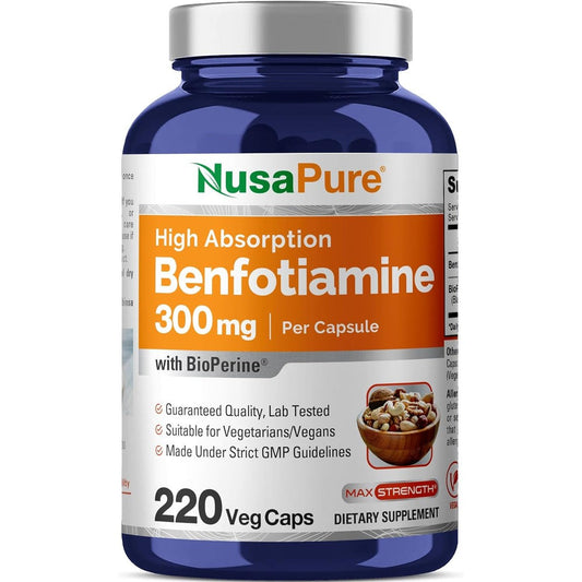 NusaPure Benfotiamine 300mg 220 veggie capsules front bottle view