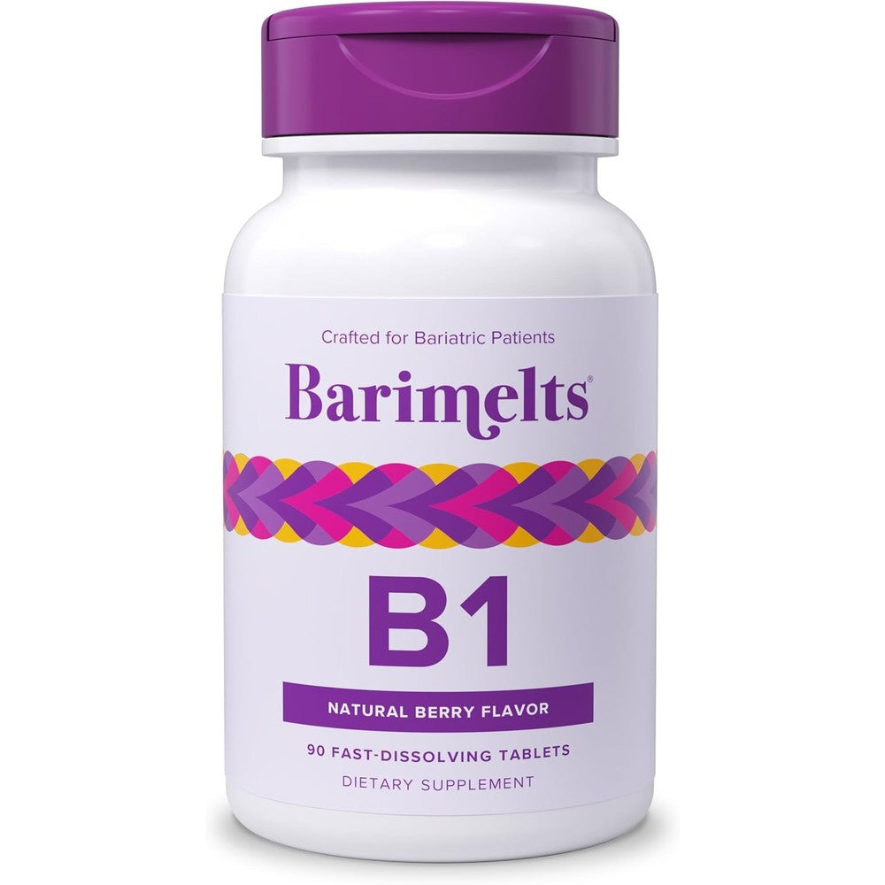 BariMelts Vitamin B1 front view bottle packaging with natural berry flavor label