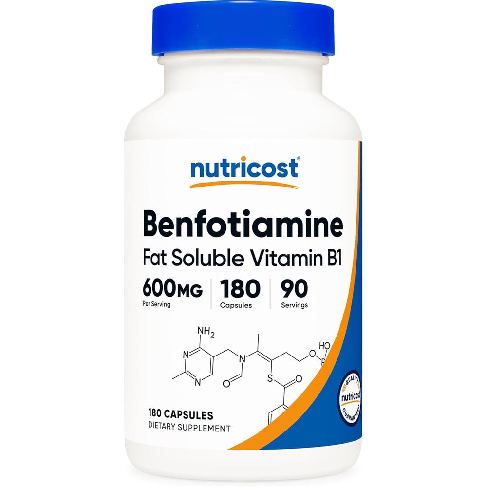 Nutricost Benfotiamine 600mg vegan capsules front bottle view