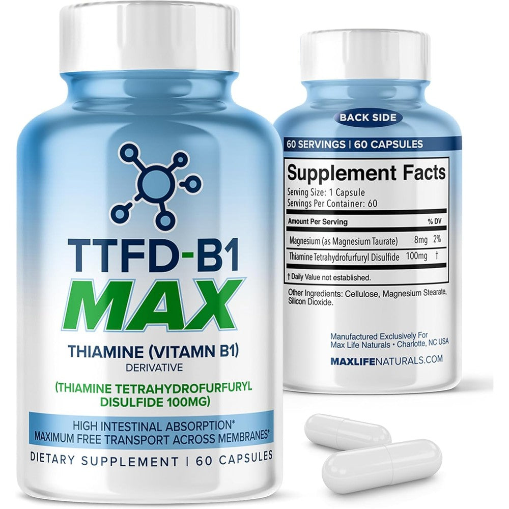 MaxLife Naturals TTFD Thiamine B1 supplement front view bottle for cellular uptake