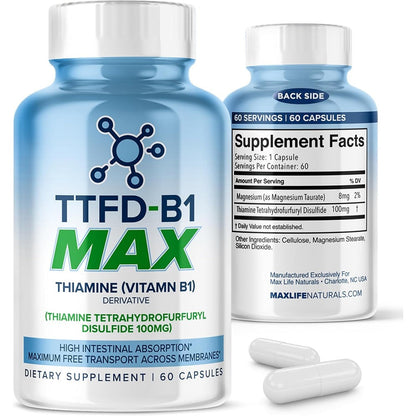 MaxLife Naturals TTFD Thiamine B1 supplement front view bottle for cellular uptake