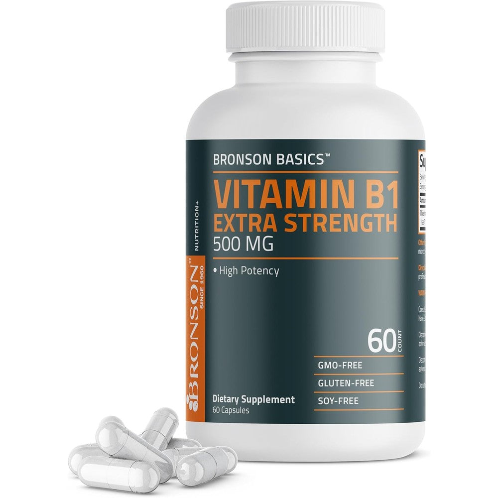 Bronson Basics Vitamin B1 Extra Strength 500mg front bottle view showing high potency label