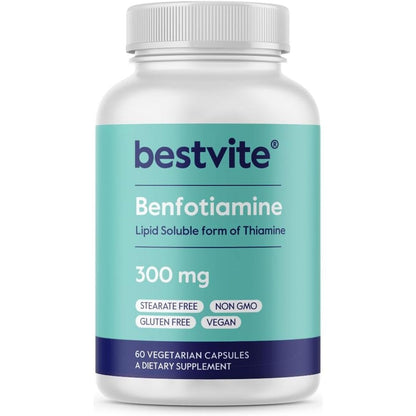 Bestvite Benfotiamine 300 Milligrams 60 vegetarian capsules front bottle view showing nutritional label.