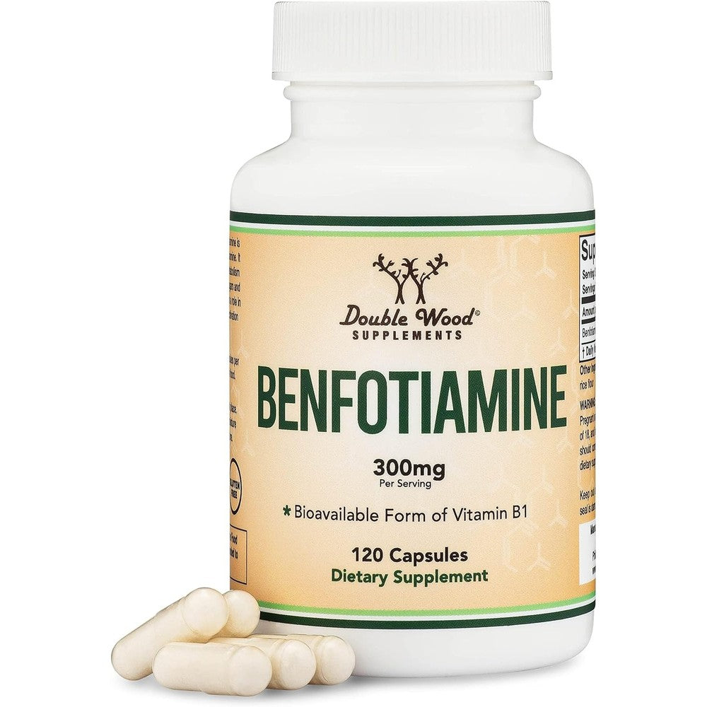 Double Wood Supplements Benfotiamine 300mg front view bottle packaging commercial photograph