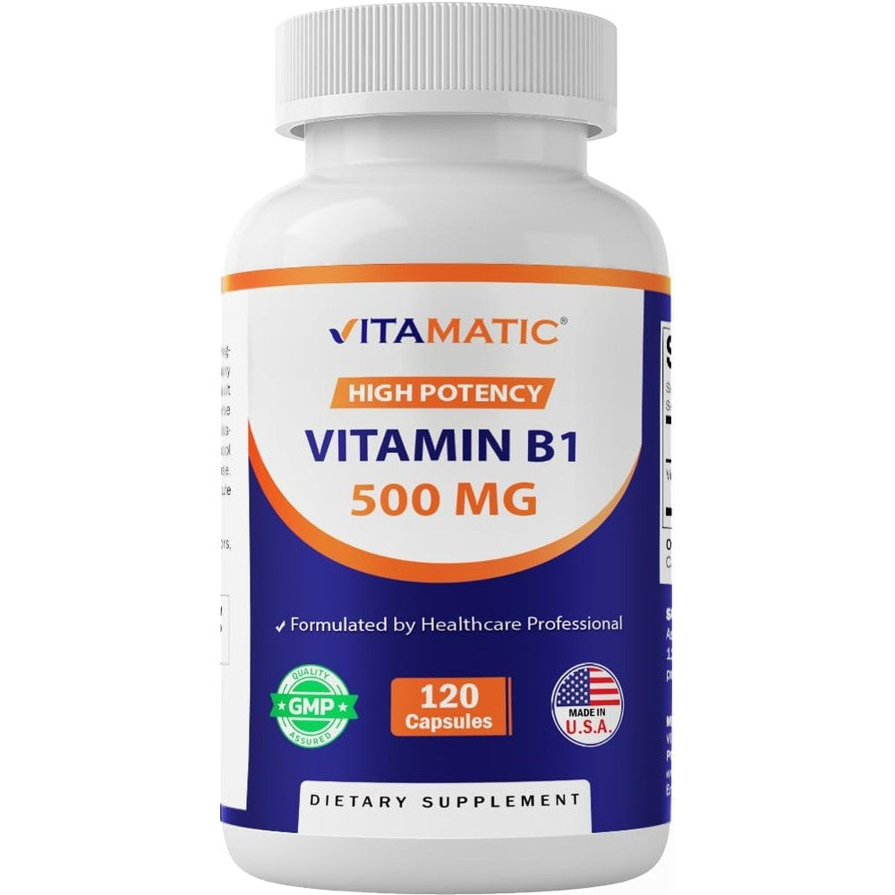 Vitamatic Vitamin B1 Thiamine 500mg front bottle view showing high potency dietary supplement label.