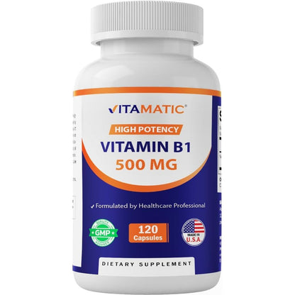 Vitamatic Vitamin B1 Thiamine 500mg front view of bottle containing 120 capsules
