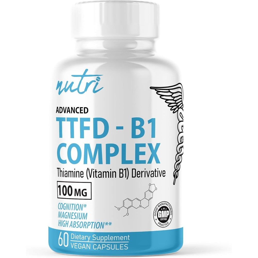 Nature's Fusions TTFD Thiamine B1 Supplement bottle front view showcasing 60 vegetarian capsules