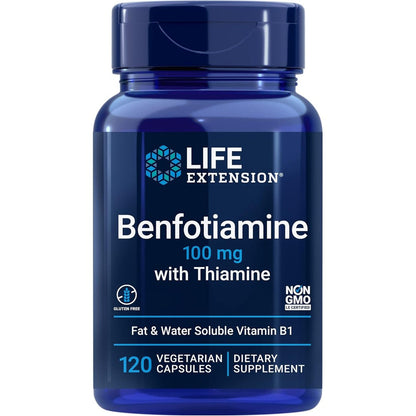 Life Extension Benfotiamine 100 mg front view bottle for blood sugar metabolism support