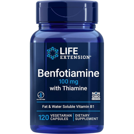 Life Extension Benfotiamine 100 mg front view bottle for blood sugar metabolism support