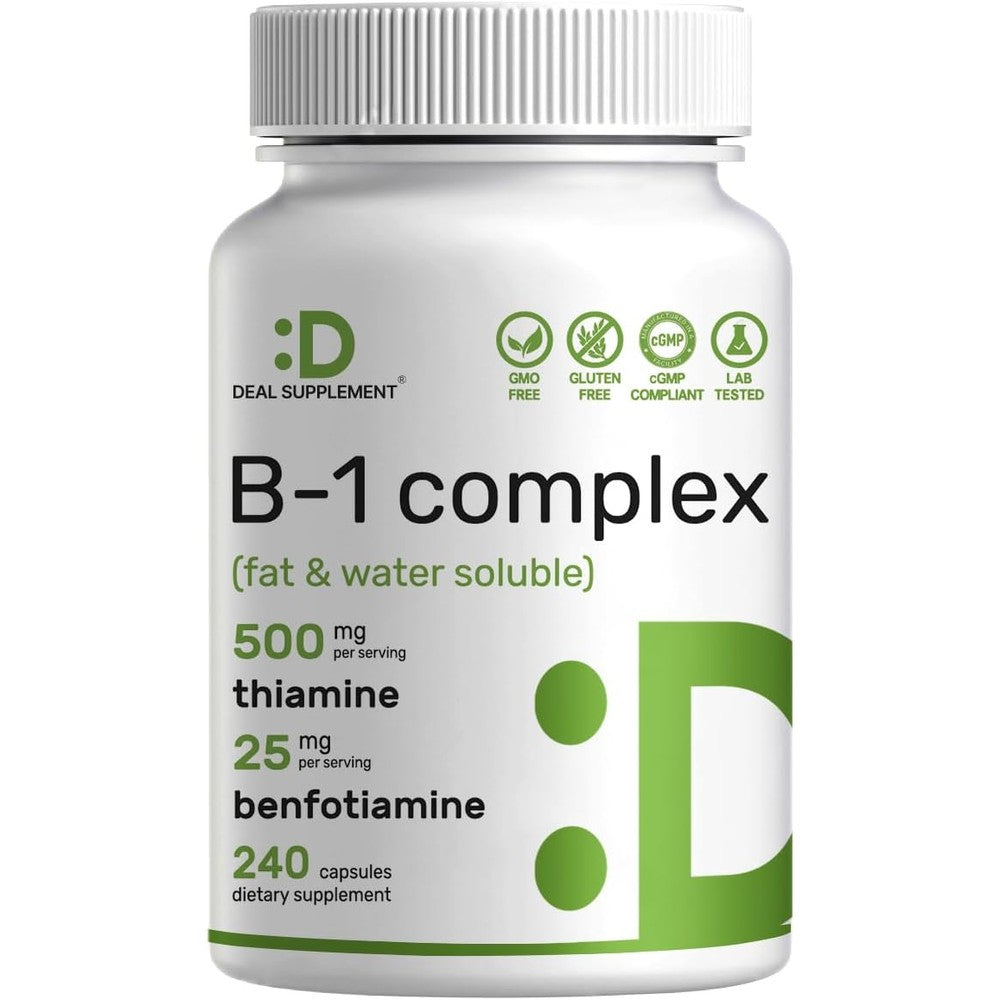 Deal Supplements Vitamin B1 500mg with Benfotiamine front view bottle packaging